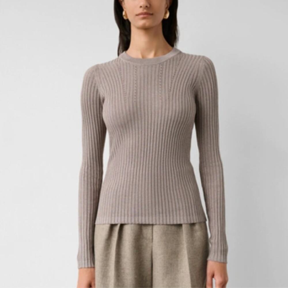 White + Warren Lurex Ribbed Sweater NEW Gold Shine Mauve Crewneck Long Sleeve XS